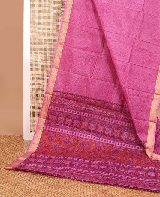 Pink floral jaal design printed silk saree with contrast zari design border & floral design pallu