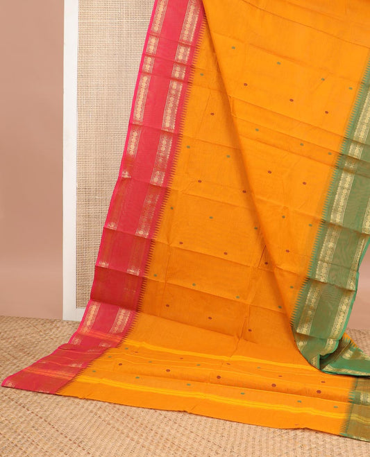 Orange motifs chettinad cotton saree with contrast ganga jamuna zari design border & striped, floral design pallu