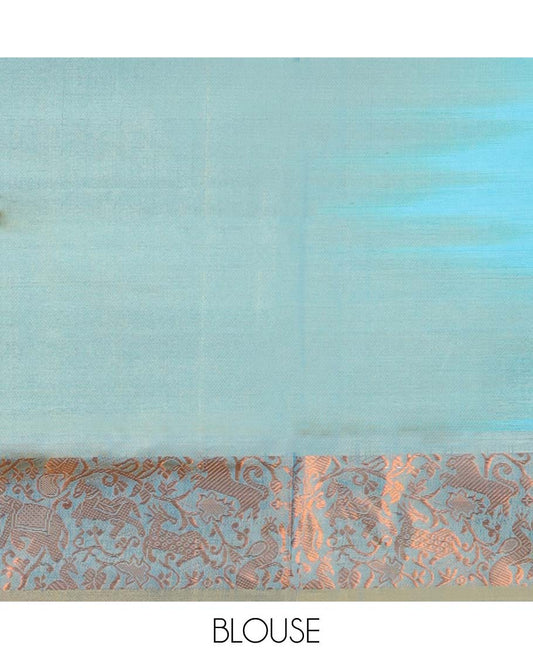 Blue motifs banana pith saree with contrast zari border & striped , floral motifs pallu