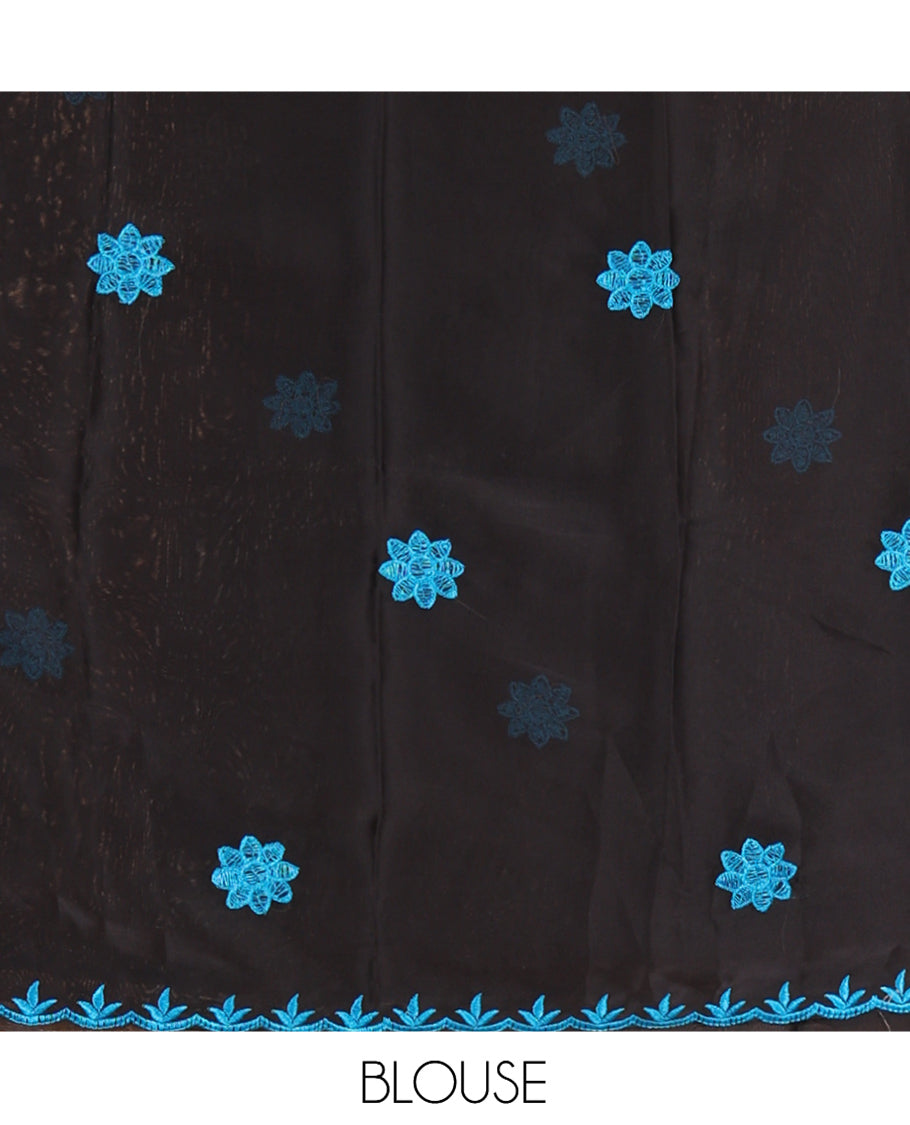 Blue Chiffon Saree, Gracefully Embellished with Floral Embroidery Buttas, a Lace Embroidered Border, a Contrast Blouse