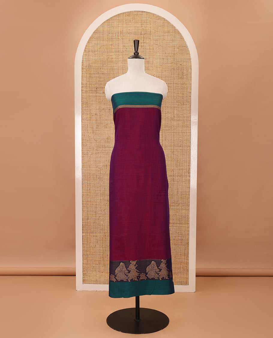 Magenta mercerised cotton material chudidar set, Madhubani-style bride-groom motif woven top, bottom & dupatta