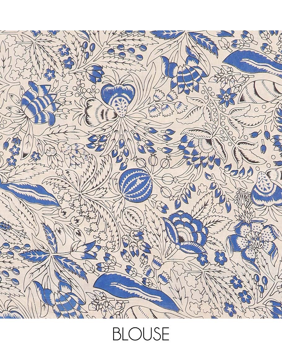 Black floral vine & peacock machine-printed kalamkari cotton saree, self-border & peacock motifs pallu