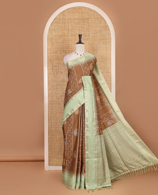 Brown floral, manga and striped katan silk saree, contrast rettai pettu temple border of diamond and Greek key design, jaal pallu, and contrast printed blouse