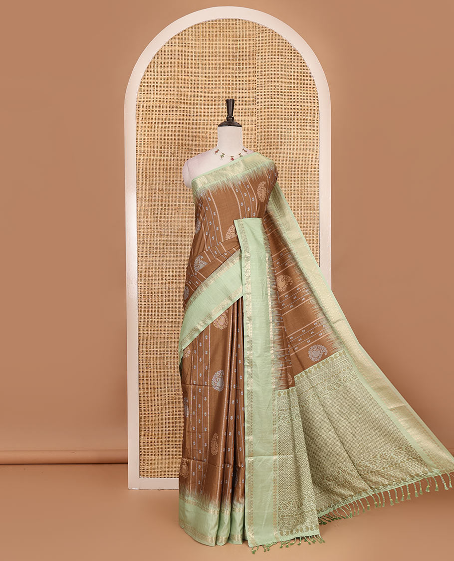 Brown floral, manga and striped katan silk saree, contrast rettai pettu temple border of diamond and Greek key design, jaal pallu, and contrast printed blouse