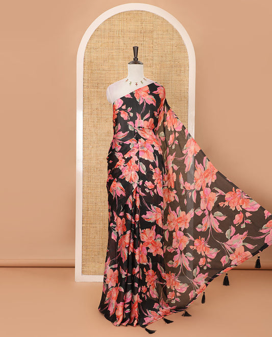 Borderless black-pink color floral printed fendy chiffon saree, contrast plain blouse