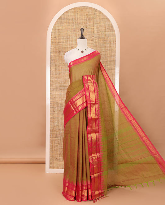 Manthulir plain Chettinad cotton saree, contrast temple traditional zari design border, striped pallu & matching plain zari border blouse