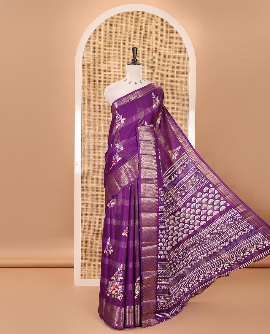 Purple zari striped & floral digital printed fancy tussar silk saree traditional zari border, geometric printed pallu & discharge printed blouse