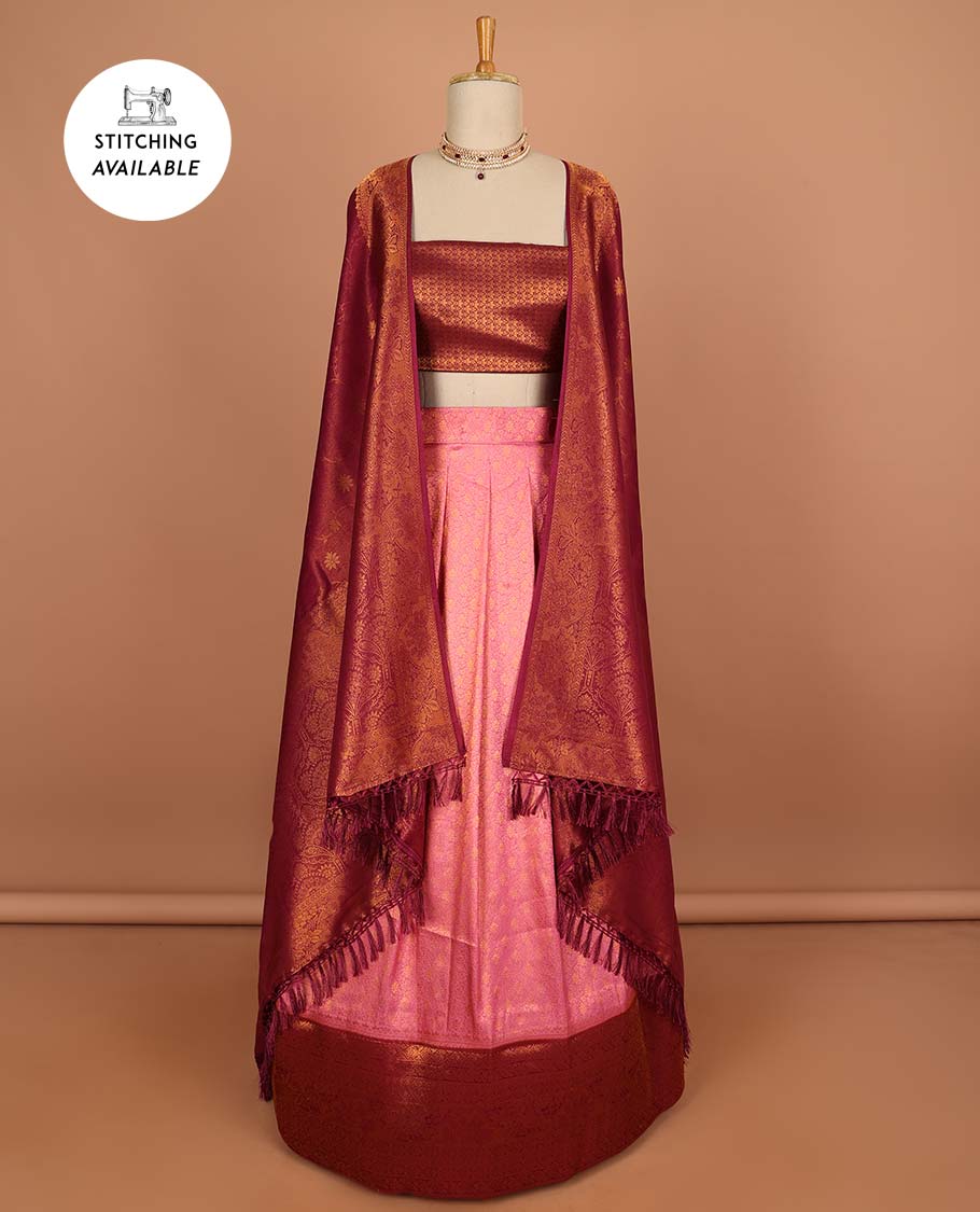 Blue buttas half sare with contrast zari border, zari design blouse & floral design dhavani