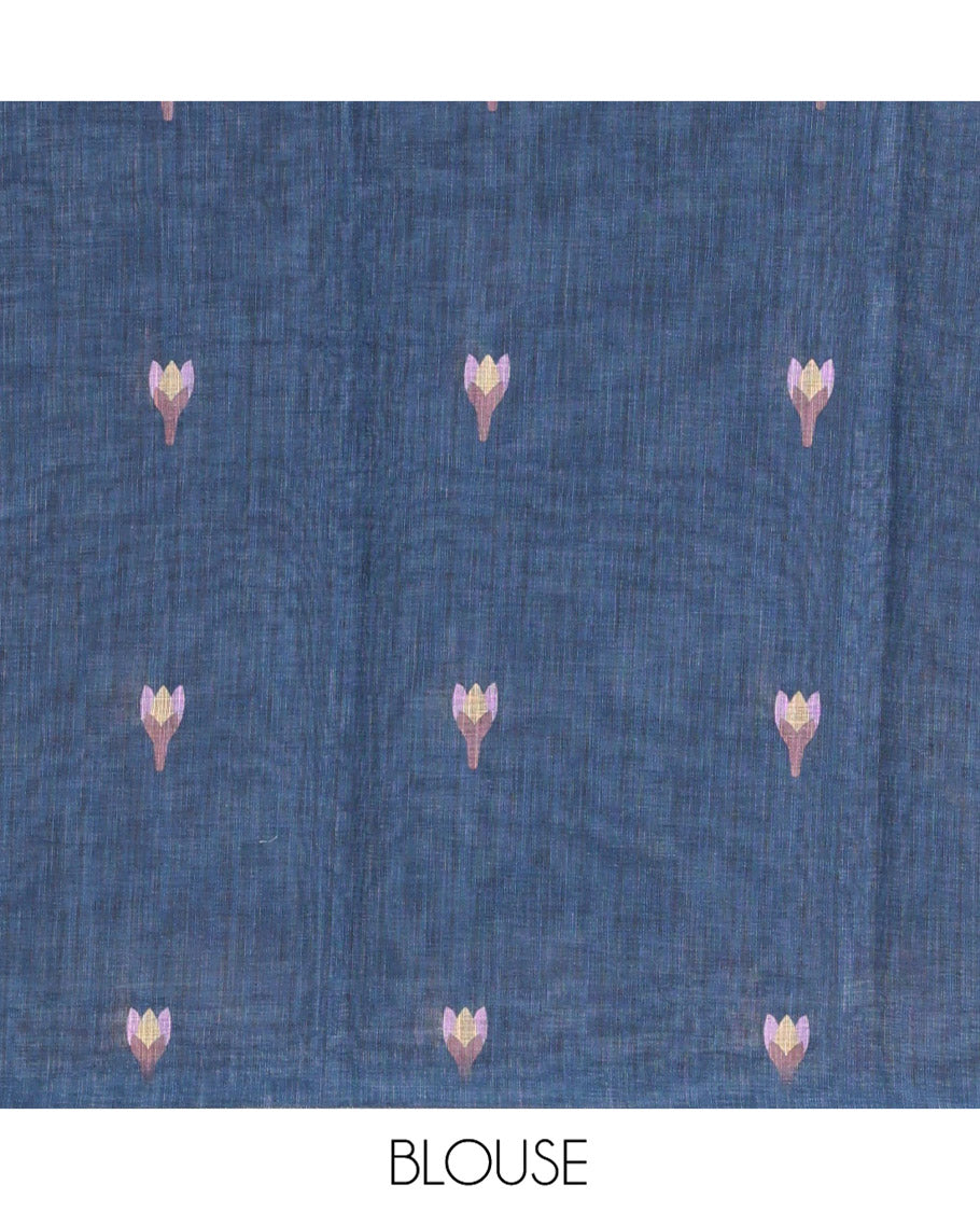 Blue Linen Cotton Saree, Adorned with Floral Motifs in Its Body, Highlighted by a Self-Border of Floral and Peacock Print, Pallu of Peacock Print, and Paired with a Matching Printed Blouse