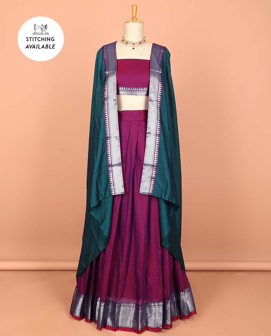 Green cotton half saree with contrast zari border, plain blouse & plain with zari border dhavani