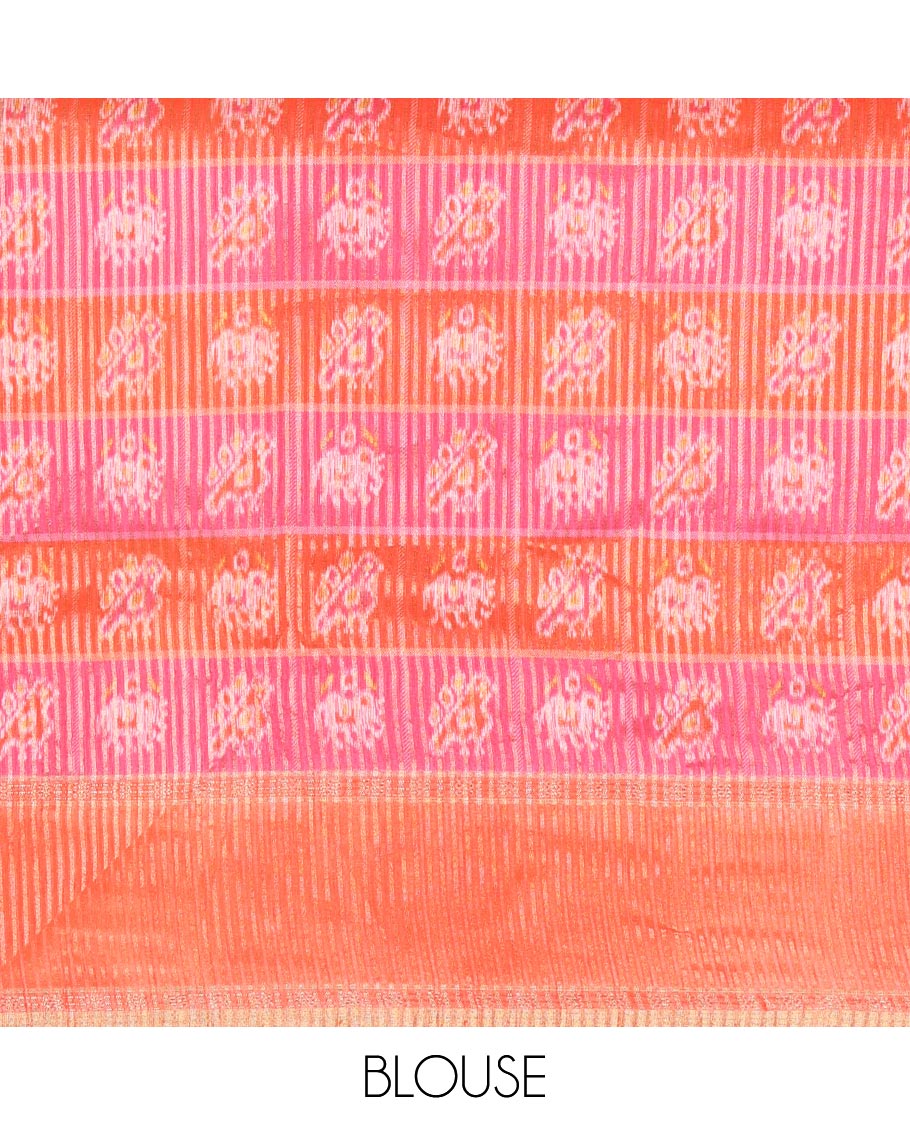 Pink Plain Semi-Tussar Silk Saree, Complemented by a Contrast Geometric Design Border, Subtly Zari Striped Pallu, and Paired with a Contrast Patola Printed Blouse