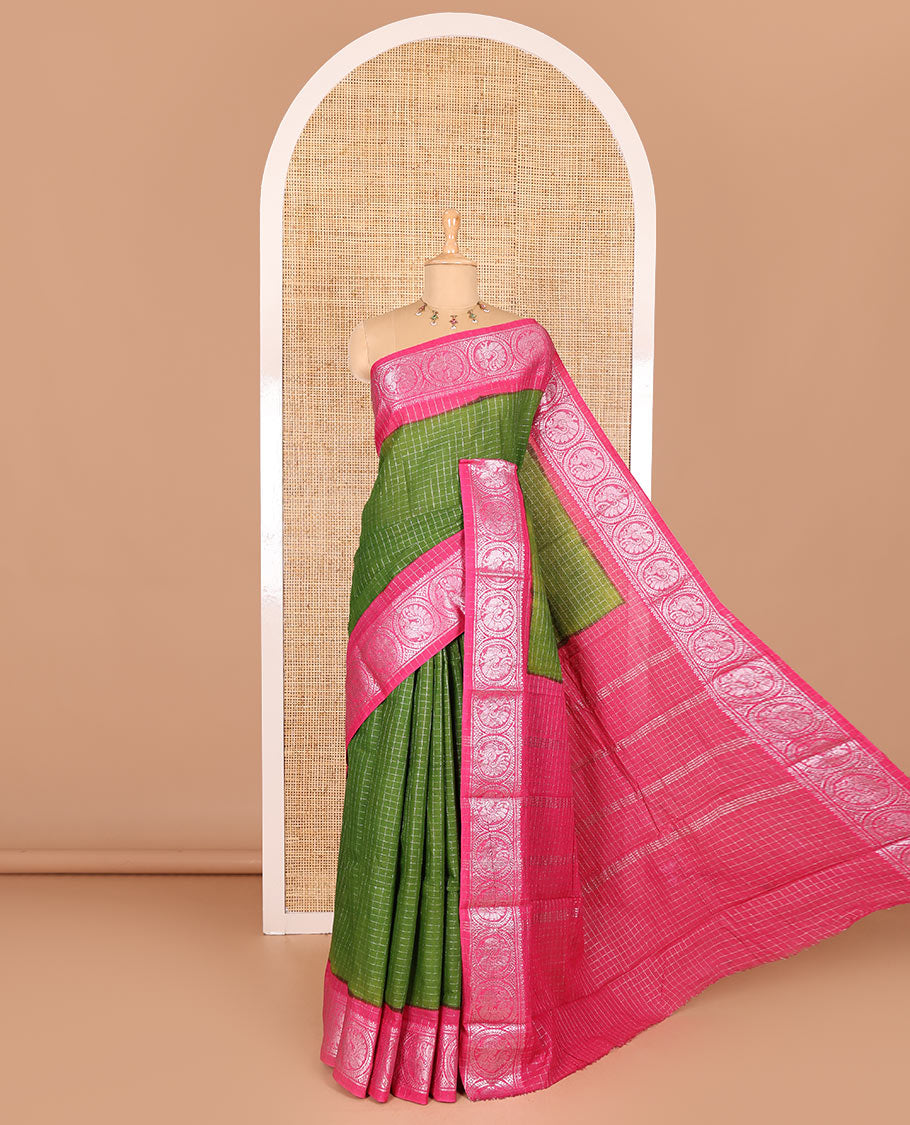 Green and pink checked sungudi cotton saree, contrast silver zari round peacock border, striped pallu, and a contrast checked blouse