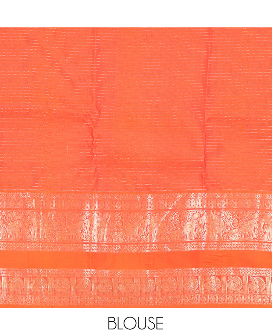 Brown Vasundhara Silk Saree, Woven with Zari Buttas and Checks, a Contrast Rettai Pettu Border of Yaanai, Mayil, and Neli Designs, Grand Pallu, and a Contrast Blouse