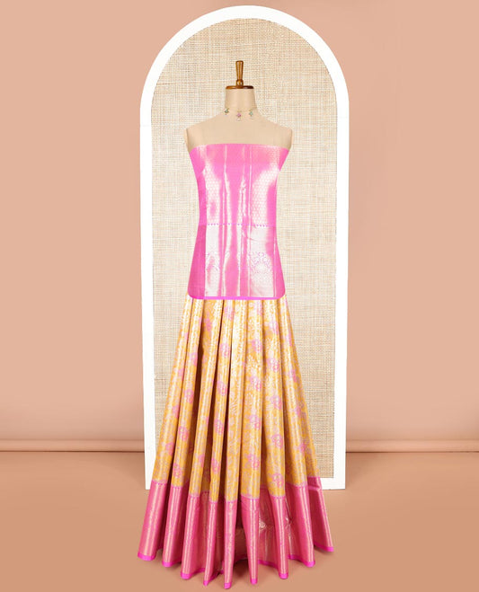 Orange floral jacquard art silk half saree with contrast zari design border, zari design blouse & floral design dhavani