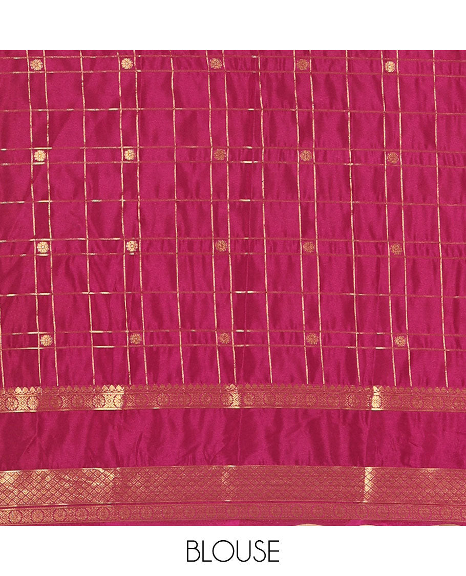 Orange Art Mysore Silk Saree, Richly Detailed with Zari Butta and Zari Checked Design All Over Its Body, Complemented by a Contrast Traditional Zari Rettai Pettu Border, Pallu Steeped in Zari Stripes, and Paired with a Contrast Blouse