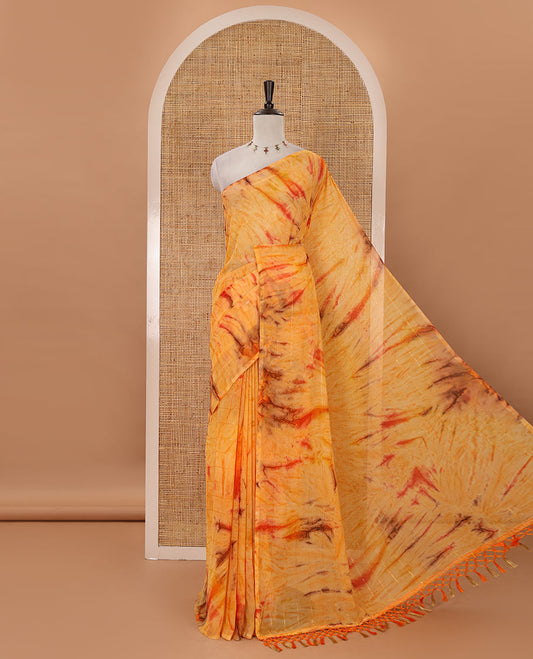 Borderless orange shibori-style printed & sequins work marble chiffon saree, self-pallu with tassels & contrast embroidered blouse