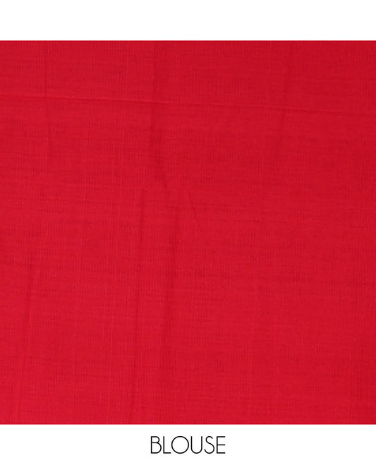Borderless red plain design khadi cotton saree