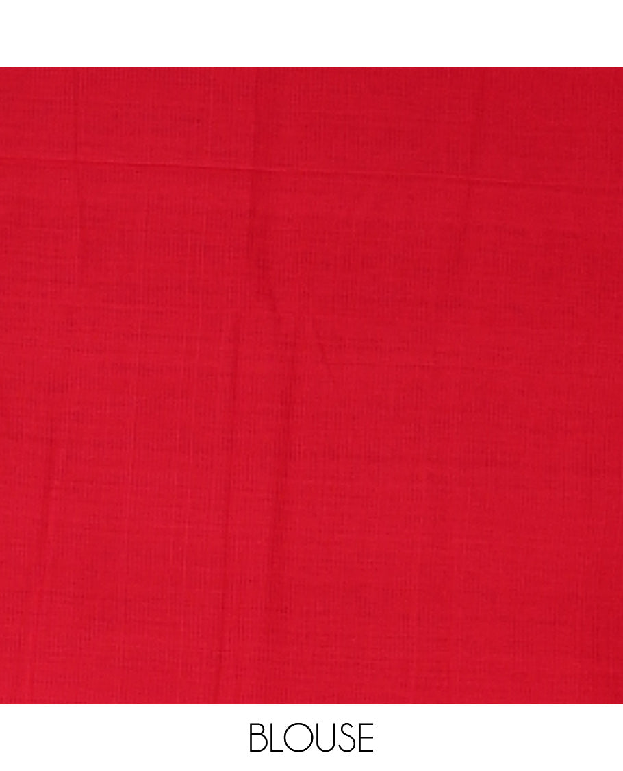 Borderless red plain design khadi cotton saree