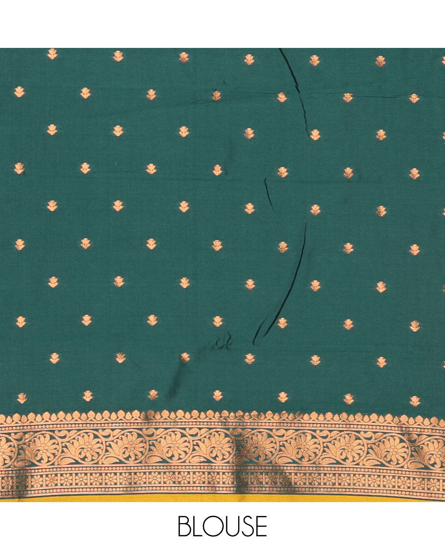 Mustard floral zari buttas Kanchi silk saree, contrast floral motifs zari woven border, butta enclosed jaal pallu, and a zari design pallu