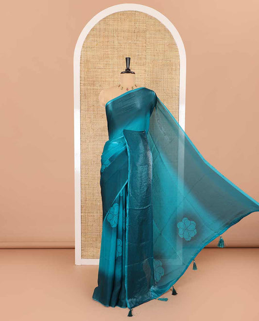 Borderless peacock green floral motifs printed fendy satin saree with a self-pallu and a matching blouse