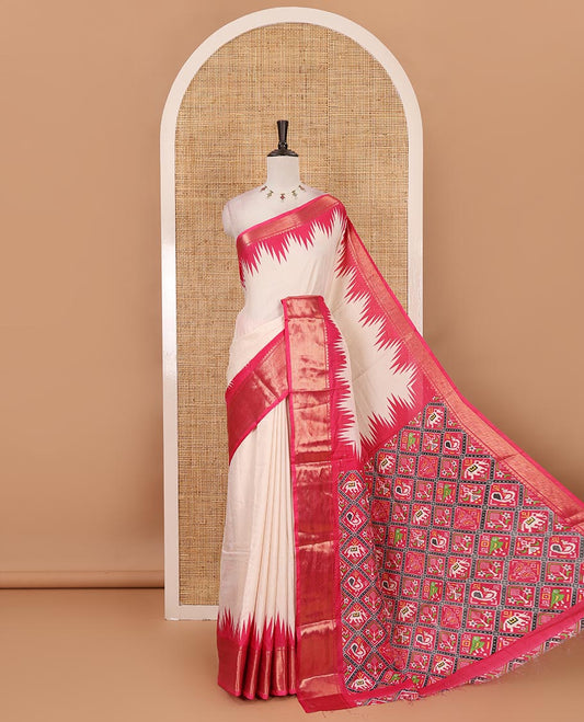Cream-pink plain dola-tussar saree, contrast temple zari border, patola animal motifs enclosed jaal printed pallu & patola printed blouse