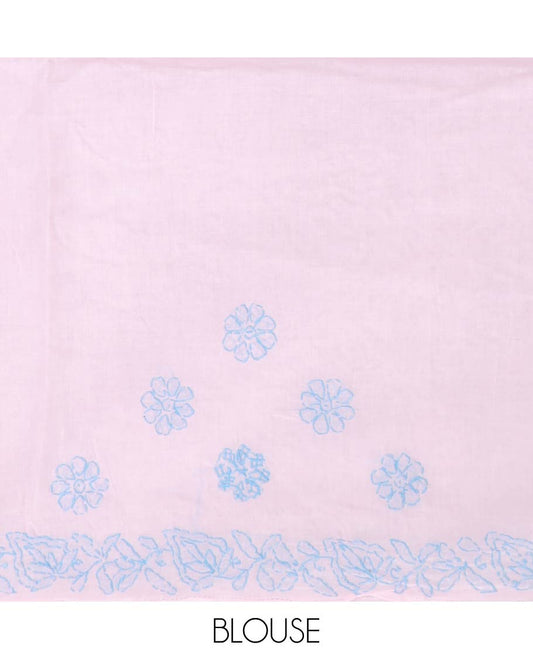 Pink flower embroidery lucknowi chikankari cotton saree with leaf border & floral, paisleys embroidered pallu