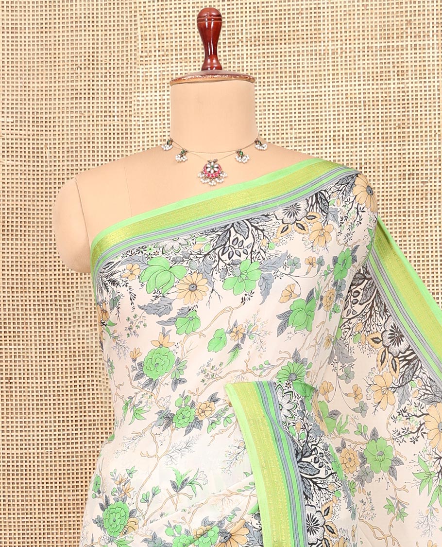 White Printed Silk Saree, Enlivened with Floral-Vine Print, a Contrast Traditional Zari Border, Floral Pallu, and a Contrast Blouse