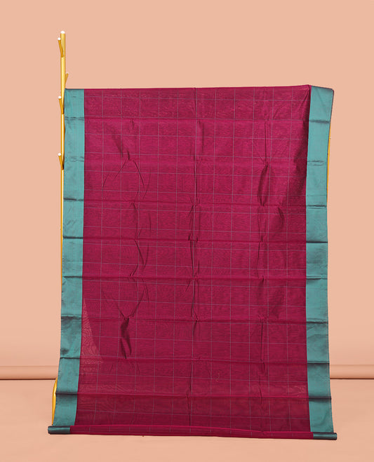 Wine Semi-Silk Cotton Saree, Subtly Sparkled with Checks All Over Its Body, Complemented by a Contrast Border, Striped Pallu, and Paired with a Matching Blouse