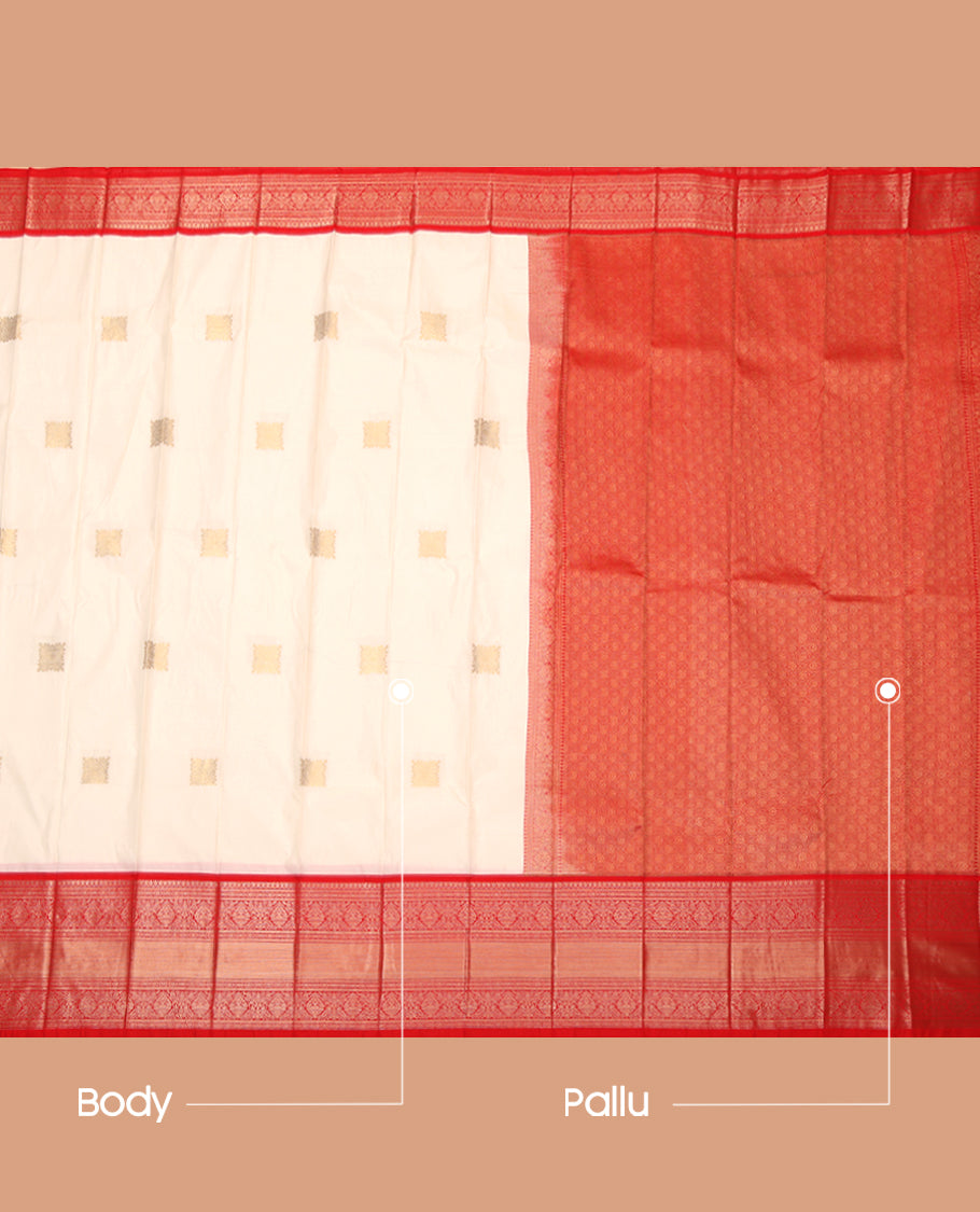 White Budget Silk Saree, Highlighted by Zari Buttas, Complemented by a Contrast Traditional Zari Border, Grand Jaal Pallu, and Contrast Blouse