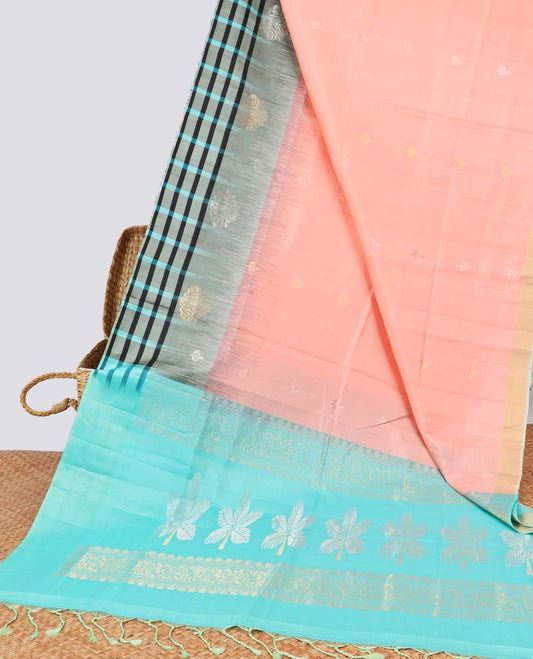 Pink floral buttas soft silk saree with contrast checked border & floral zari design