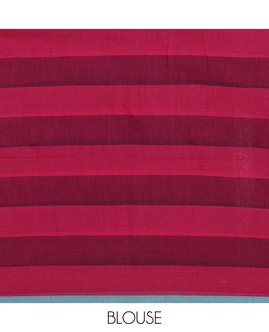 Pink horizontal striped khadi cotton saree, contrast piping border & matching horizontal striped blouse