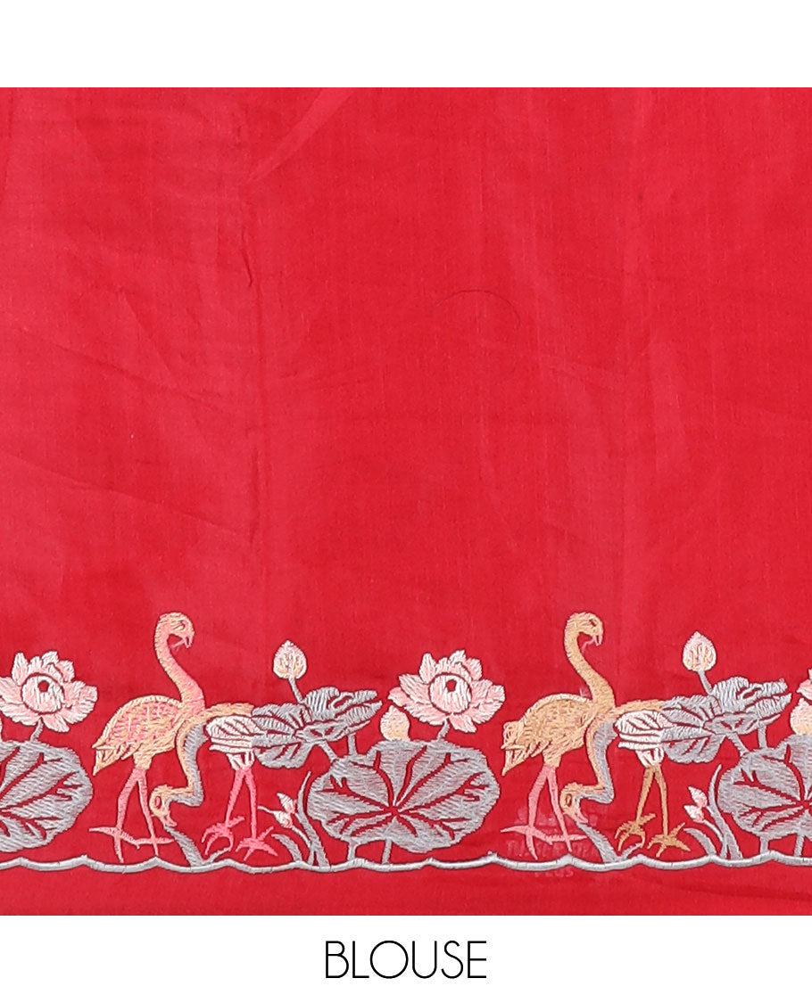 Red all-over floral motifs thread embroidery tussar silk saree with self floral, animal embroidery border