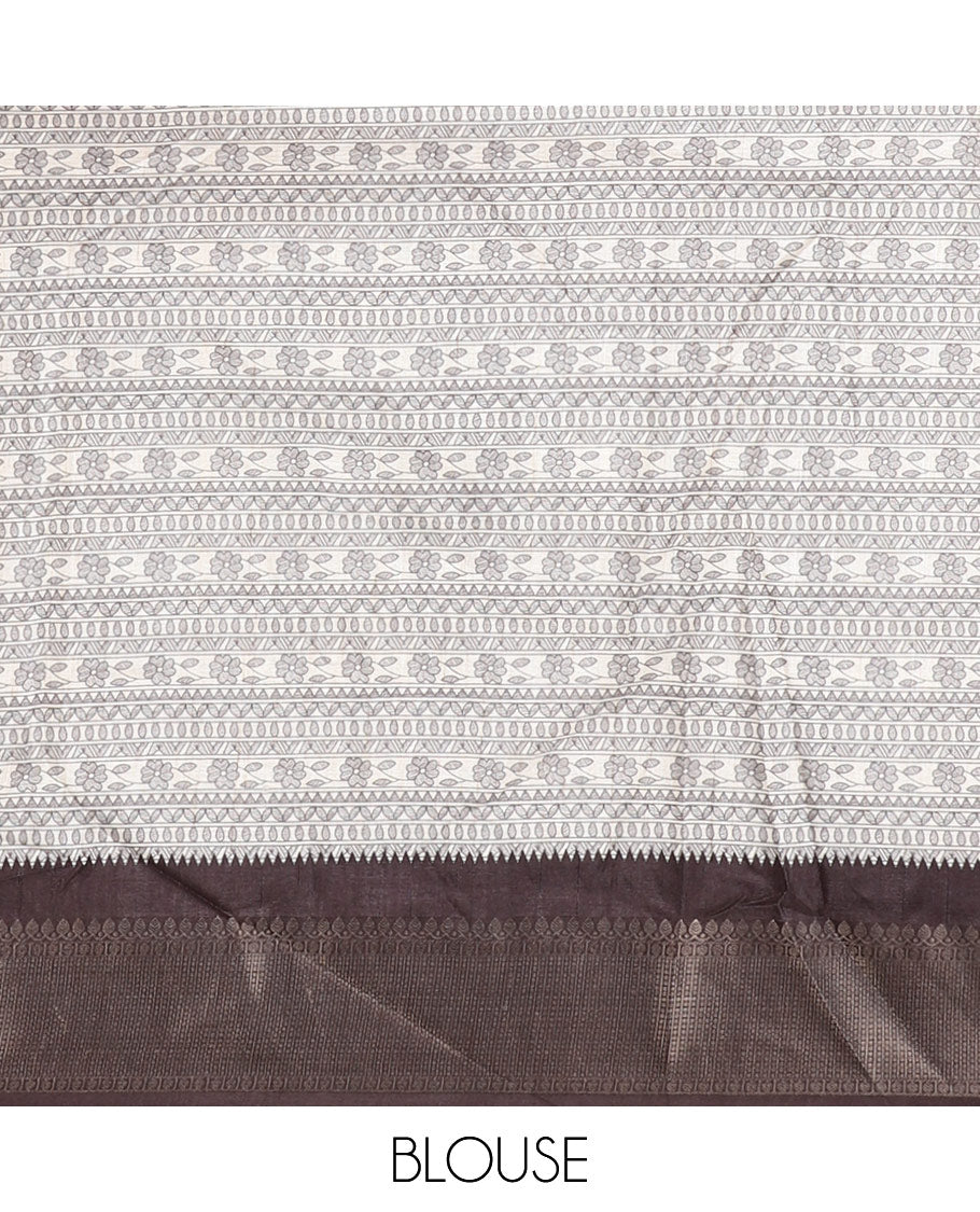 Cream and black Madhubani village theme characters printed soft tussar saree, contrast traditional zari border, Madhubani printed pallu, and a matching blouse