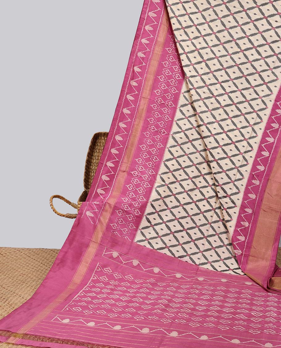 Cream argyle design ikkat silk saree , contrast design & intricate floral design pallu