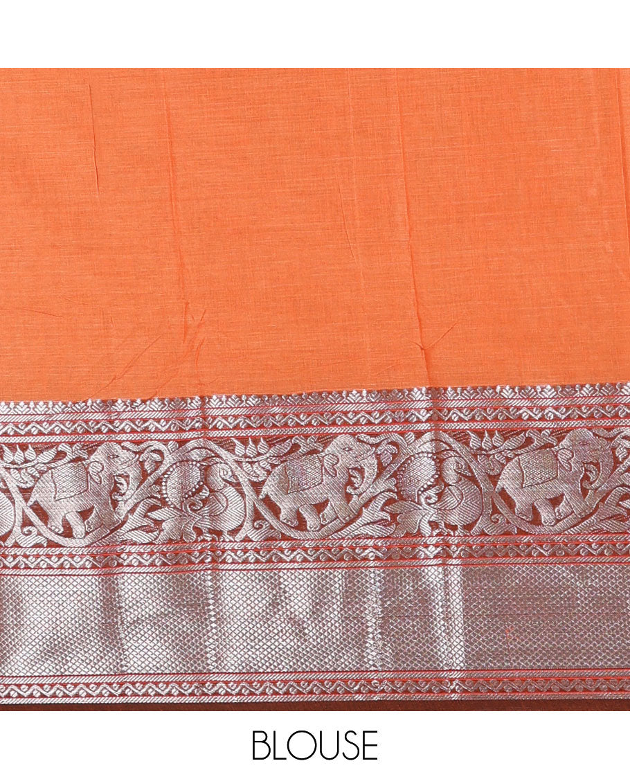 Orange plain mercerised cotton saree, contrast traditional zari border of elephant and peacock designs, striped pallu, and plain blouse