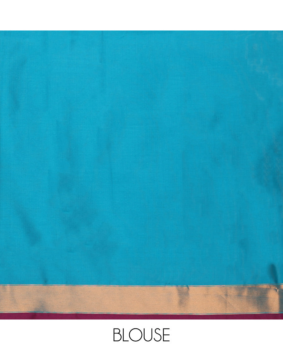 Purple with blue zari pochampalli weaving design mulberry silk saree with bawanchi, ikkat weaving border & rich pochampalli weaving pallu along with plain blouse