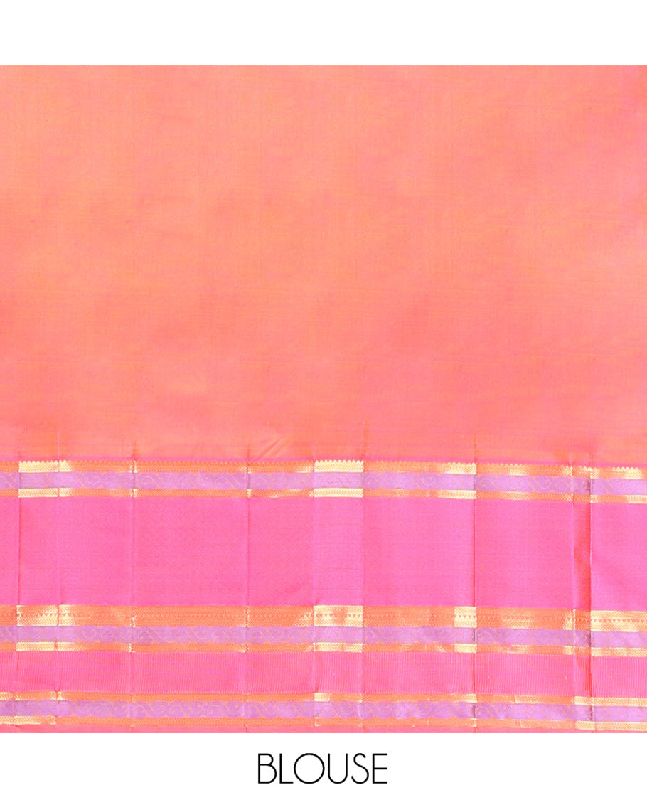 Yellow Vasundhara Silk Saree, Sparsely Woven with Stripes and Chakram Buttas on Its Body, Complemented by a Contrast Border of Rekku, Bentex, and Kodi Visiry Designs, Grand Jaal Design Pallu, and Paired with a Contrast Blouse