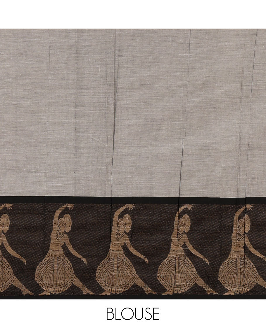 Grey full-plain Mercerised cotton saree, contrast resham  thread dancing Bharatanatyam girl motifs woven border, striped pallu & plain blouse