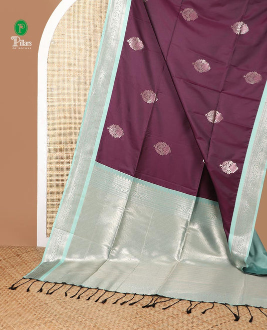 Wine color mango design semi soft silk saree with contrast border & grand pallu along with plain blouse