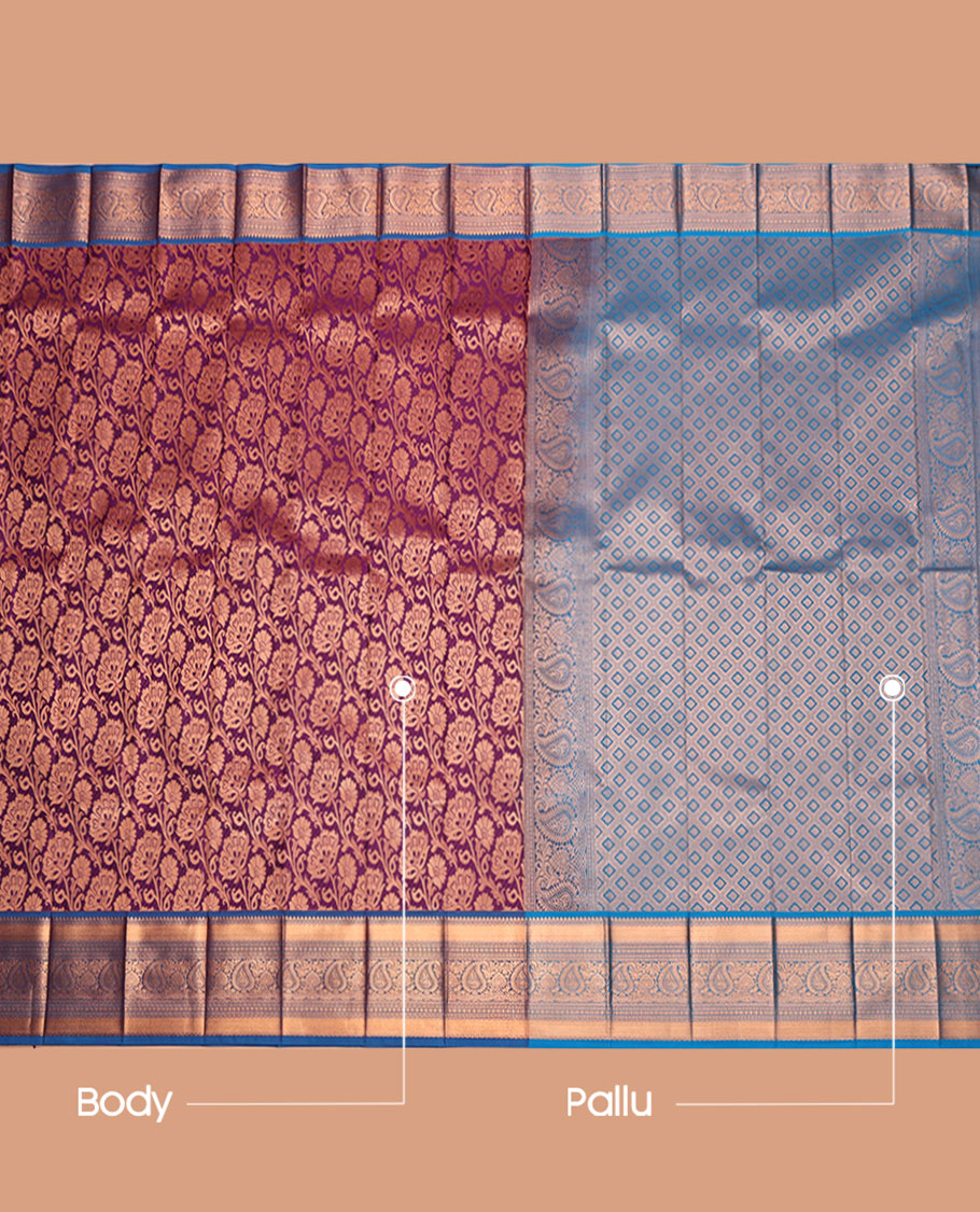 Purple Budget Silk Saree, Richly Detailed with Jacquard Design, Complemented by a Contrast Traditional Zari Border, Jaal Pallu, and a Contrast Blouse