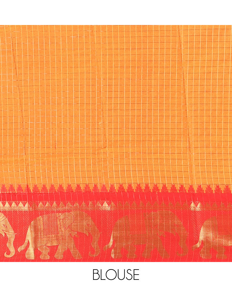 Yellow zari checked semi-taffeta saree, contrast satin temple border of elephant motifs, striped pallu, and a contrast striped blouse