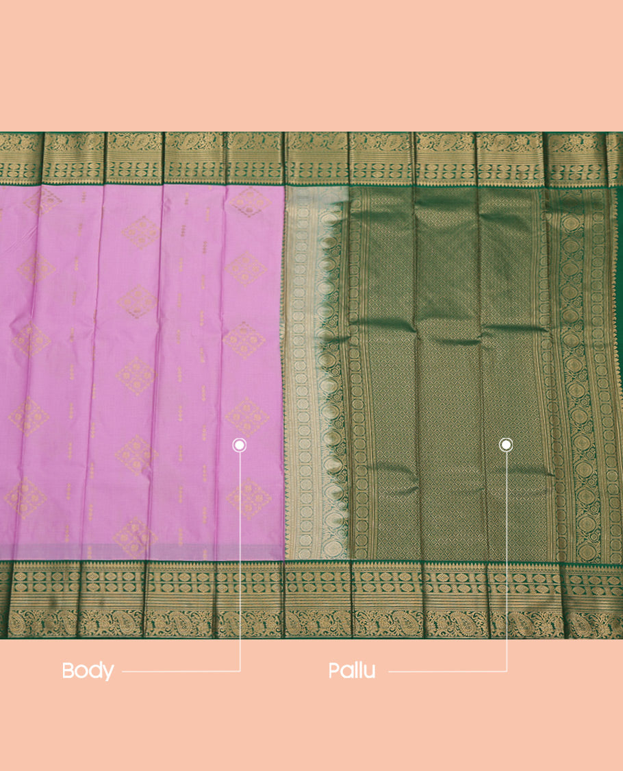 Pink Budget Silk Saree, Woven with Zari Buttas All Over Its Body, Complemented by a Contrast Traditional Zari Border, Grand Jaal Pallu, and Paired with a Contrast Blouse