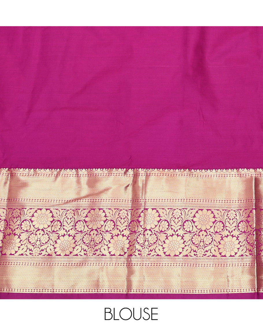 Green Art Silk Material Half Saree, Elegantly Framed with Jacquard Skirt, a Contrast Traditional Zari Border, Contrast Blouse, and an Intricate Dhavani