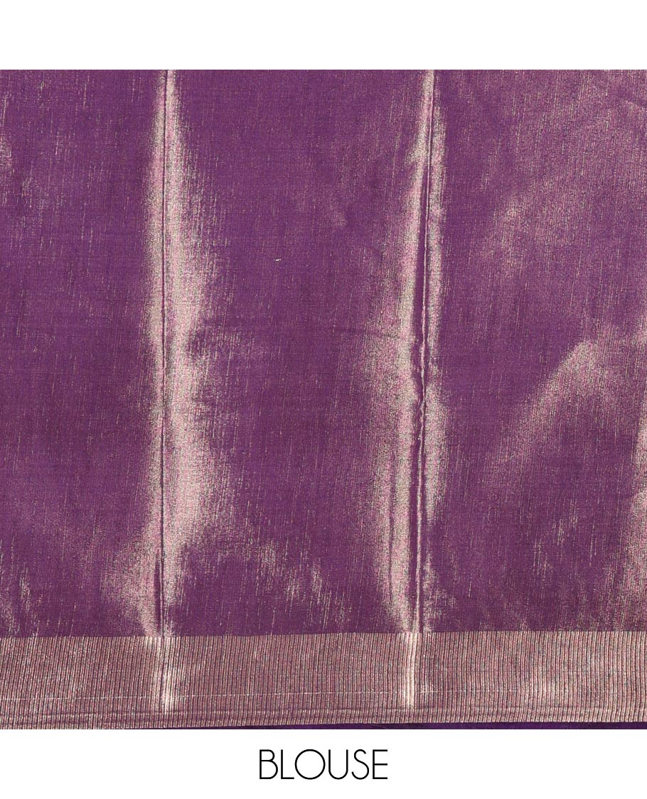 Purple scallop design tissue saree, zari striped border, striped pallu, and gleaming matching blouse