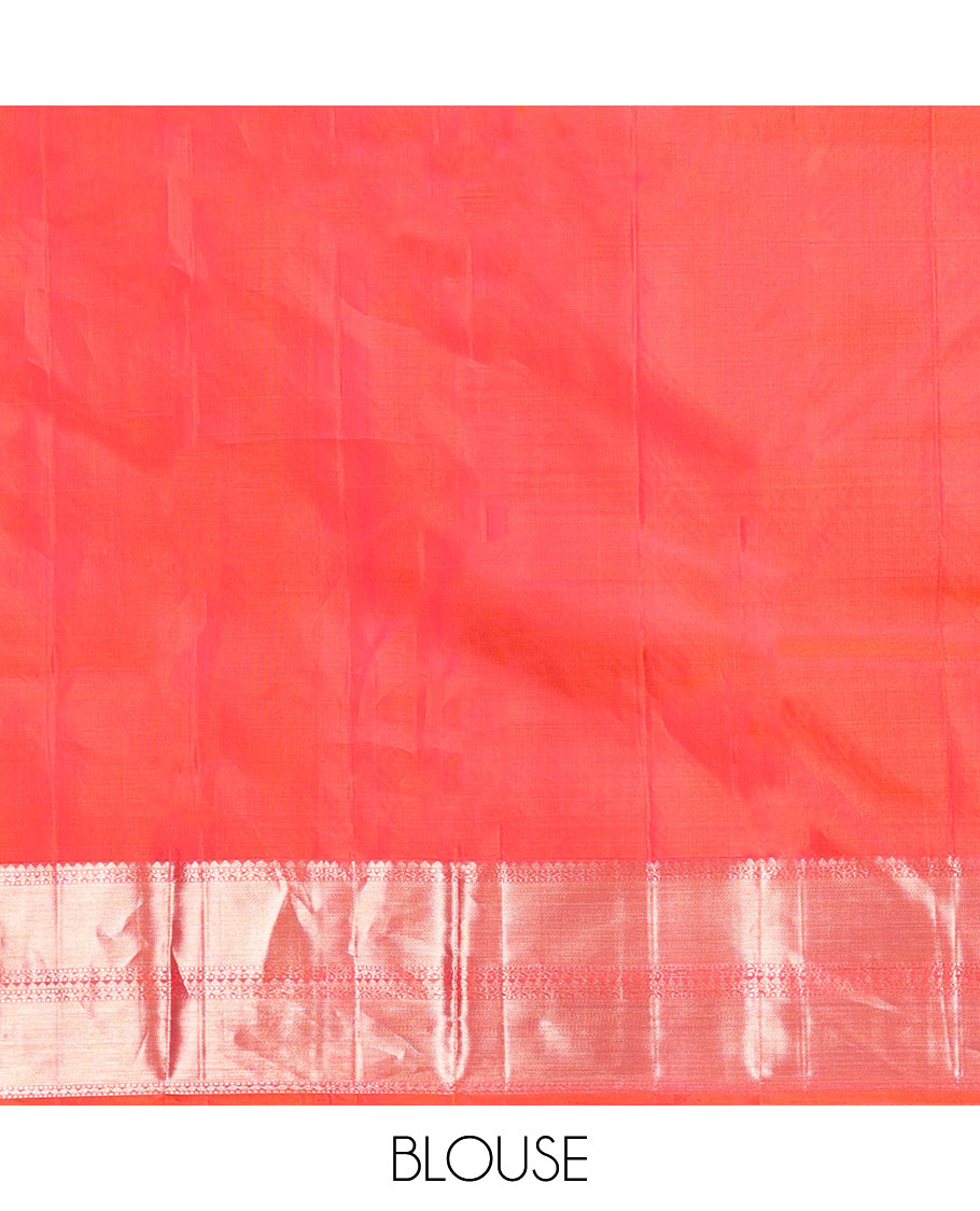 Orange Kanchipuram Wedding Silk Saree, Majestically Detailed with Jacquard Designs on Its Body, Highlighted by a Zari Border of Rekku, Muthu, and Neli Designs, Beautifully Bedecked Pallu, and Paired with a Matching Blouse