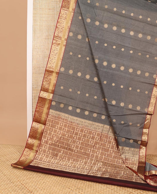 Grey floral motifs silk cotton saree with contrast traditional zari design border & floral jaal design pallu