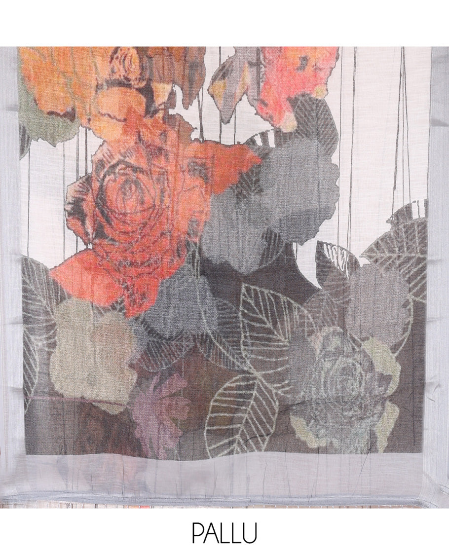 Grey Linen Cotton Saree, Beautified with Tropical Floral Print on Its Body, Complemented by a Contrast Plain Border, Floral Printed Pallu, and Paired with a Contrast Blouse