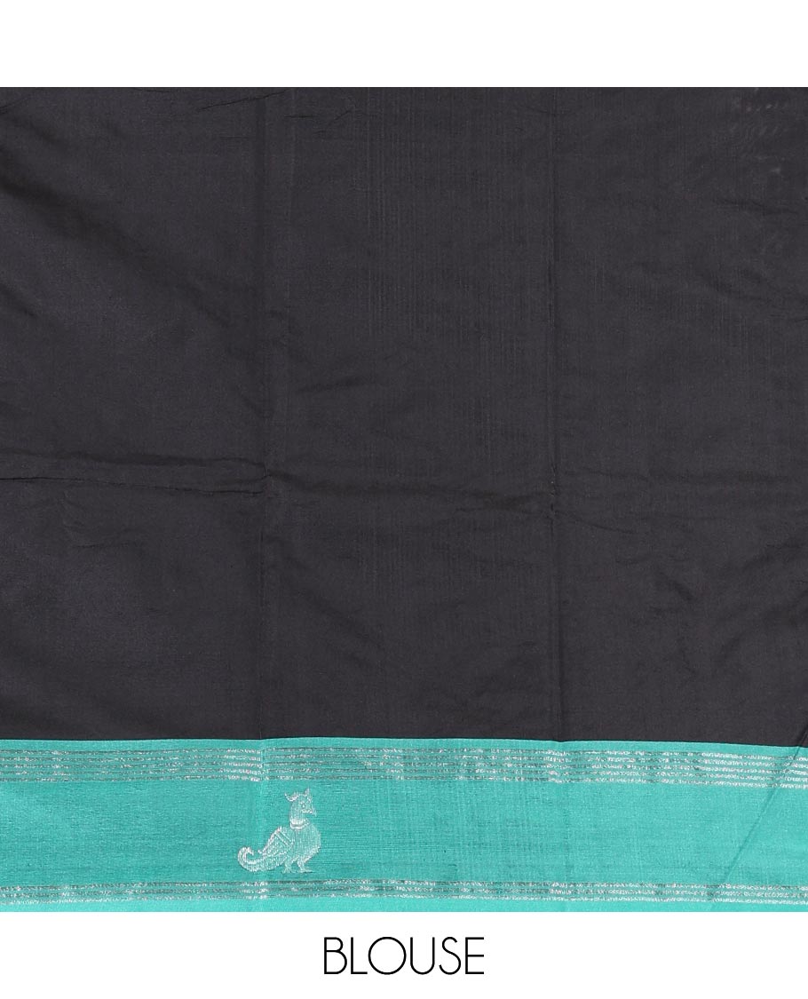 Black zari buttas Kanchi silk saree, contrast peacock motifs zari green border, zari design pallu, and a matching blouse