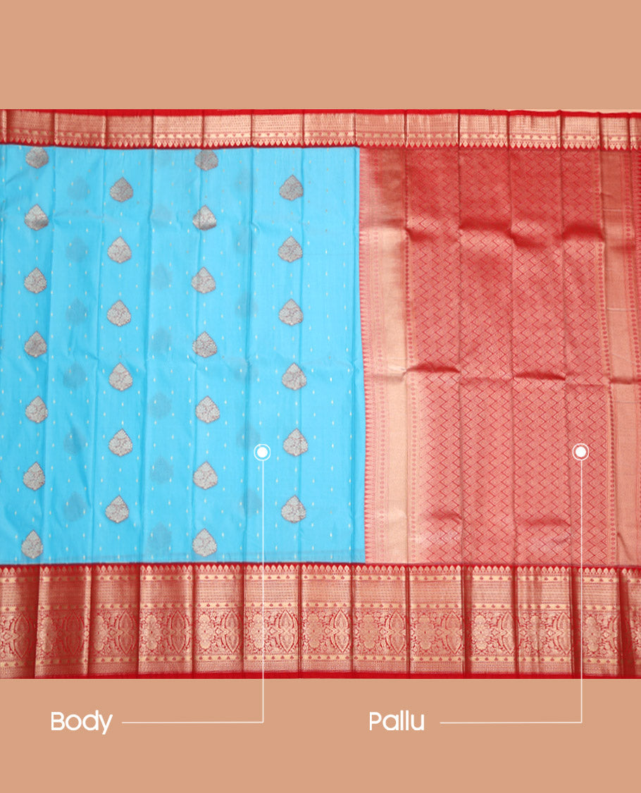 Blue Budget Silk Saree, Embellished with Zari Buttas All Over Its Body, Complemented by a Contrast Traditional Zari Design Border, Grand Jaal Pallu, and Paired with a Contrast Blouse