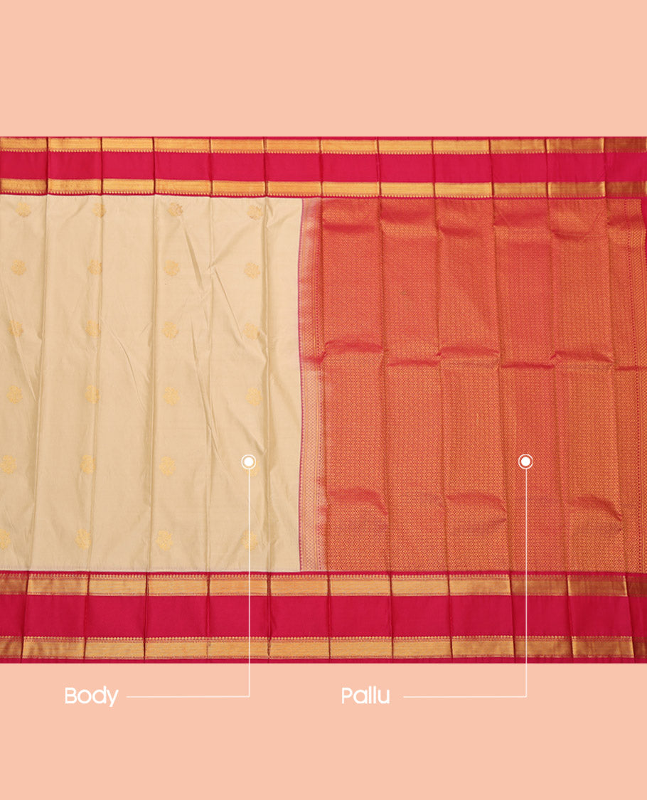 Sandal Budget Silk Saree, Subtly Sparkled with Zari Buttas, Complemented by Contrast Traditional Rettai Pettu Border, Grand Pallu and a Contrast Blouse